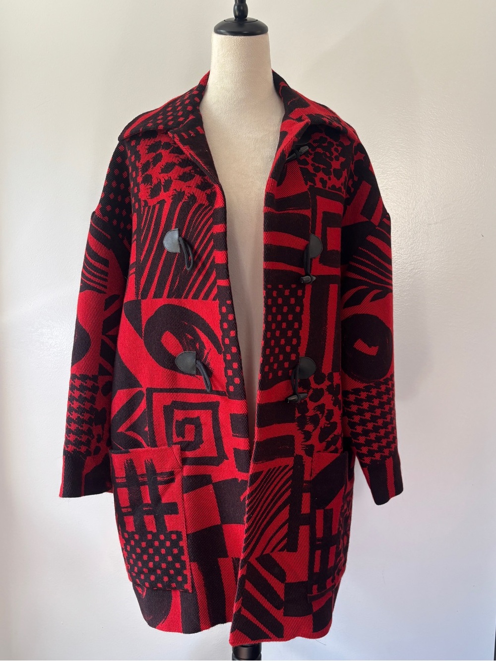 Rare Vintage 80s Betty Jackson UK Linen Black and Red Abstract Duster Coat